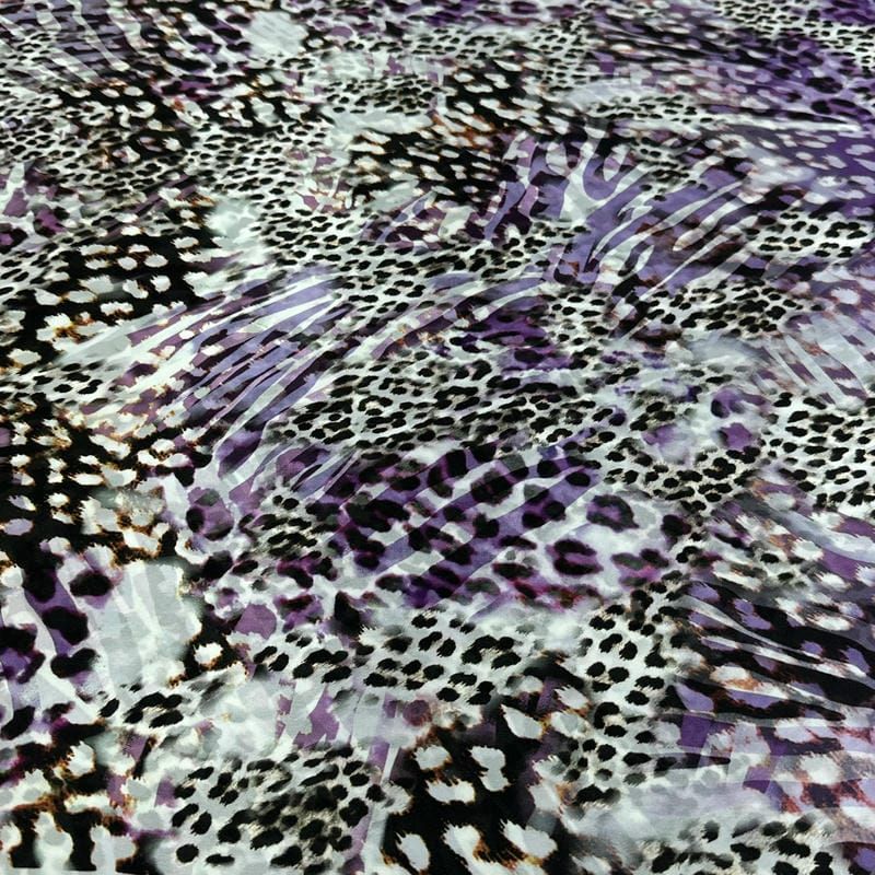 Tecido Cetim de Seda Estampado Onça Roxo