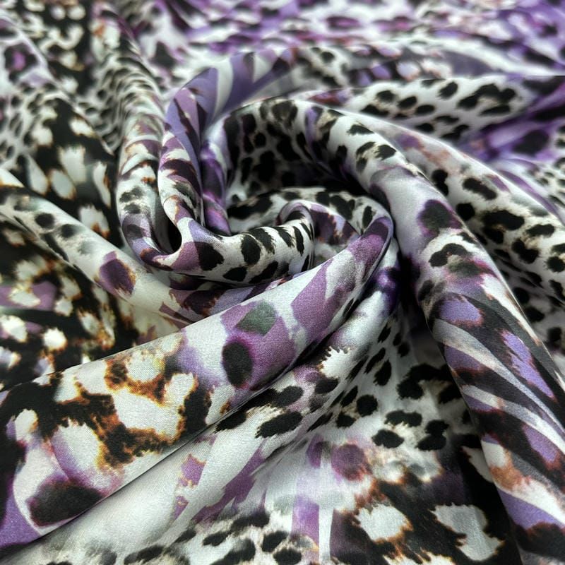 Tecido Cetim de Seda Estampado Onça Roxo