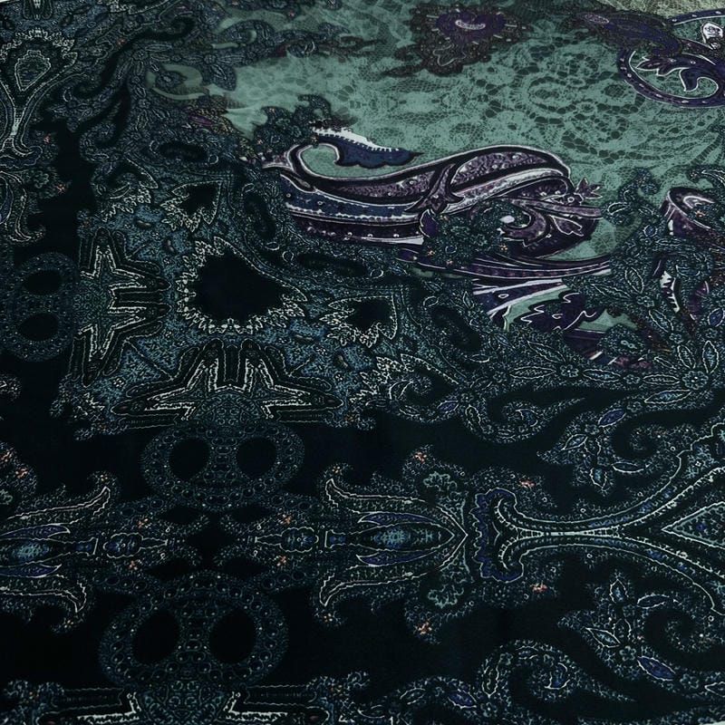 Tecido Cetim de Seda Pura Estampada Paisley Noturno • Conexão Tecidos