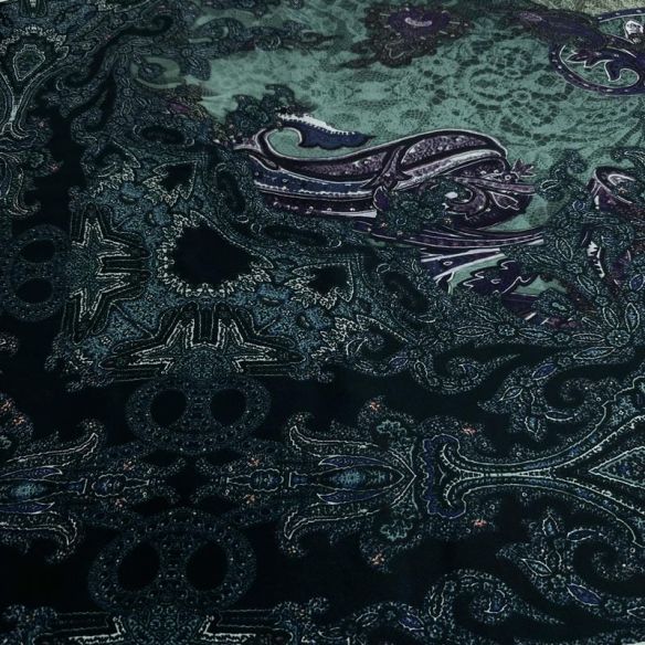 Tecido Cetim de Seda Pura Estampada Paisley Noturno • Conexão Tecidos