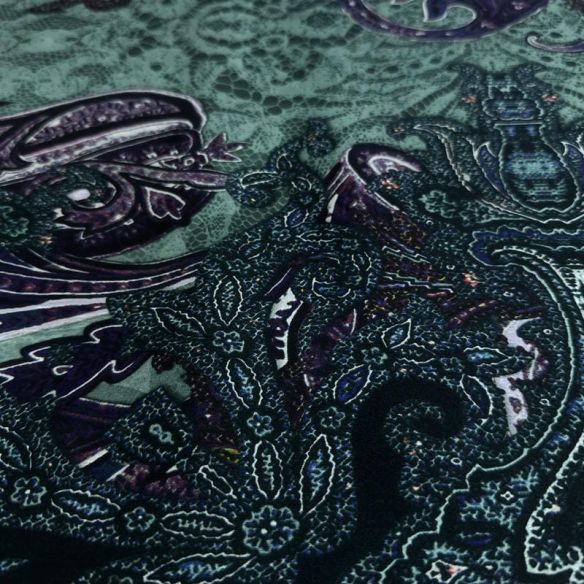 Tecido Cetim de Seda Pura Estampada Paisley Noturno • Conexão Tecidos