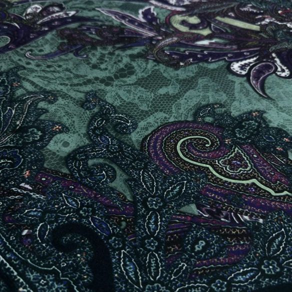 Tecido Cetim de Seda Pura Estampada Paisley Noturno • Conexão Tecidos