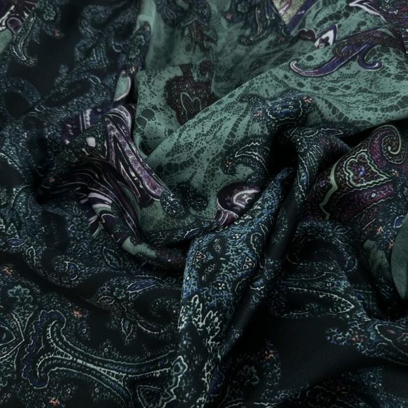 Tecido Cetim de Seda Pura Estampada Paisley Noturno • Conexão Tecidos