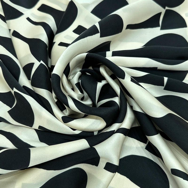 Tecido Cetim de Seda Pura Estampada Abstrata P&B • Conexão Tecidos