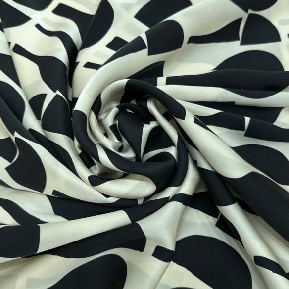 Tecido Cetim de Seda Pura Estampada Abstrata P&B • Conexão Tecidos