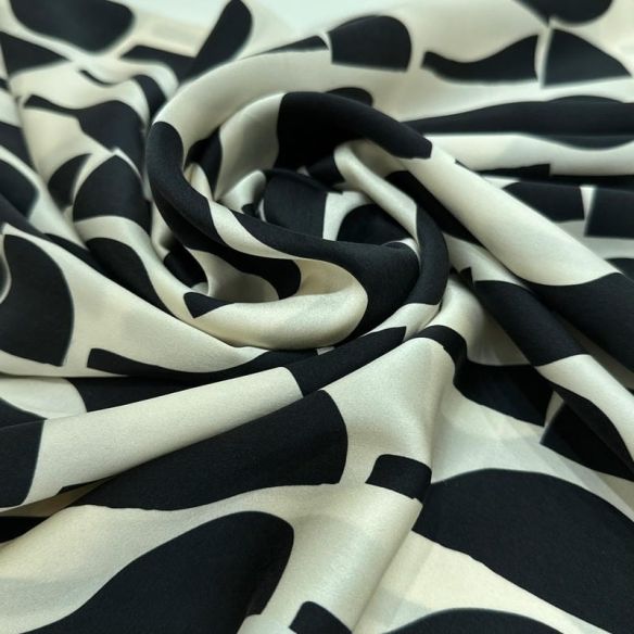 Tecido Cetim de Seda Pura Estampada Abstrata P&B • Conexão Tecidos