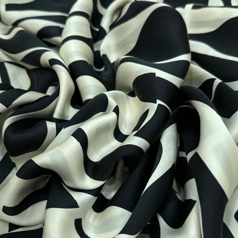 Tecido Cetim de Seda Pura Estampada Abstrata P&B • Conexão Tecidos