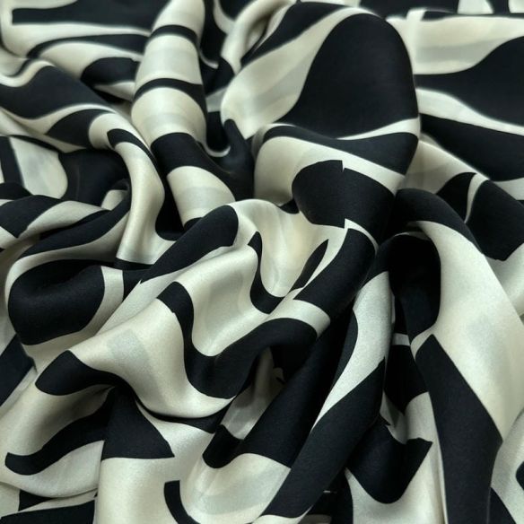 Tecido Cetim de Seda Pura Estampada Abstrata P&B • Conexão Tecidos