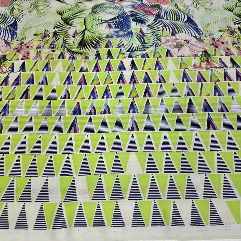 Tecido Cetim de Seda Pura Estampada Barrado Tropical Geométrico •