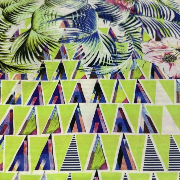 Tecido Cetim de Seda Pura Estampada Barrado Tropical Geométrico •