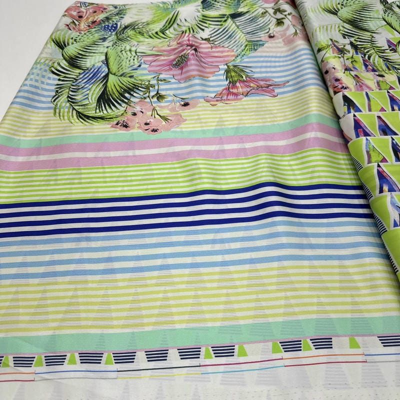 Tecido Cetim de Seda Pura Estampada Barrado Tropical Geométrico •