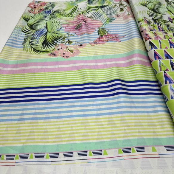 Tecido Cetim de Seda Pura Estampada Barrado Tropical Geométrico •