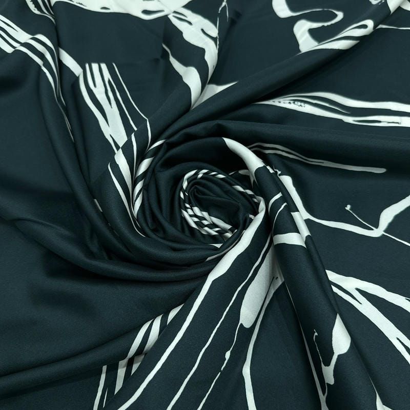 Tecido Cetim de Seda Pura Estampada Traços Abstratos P&B • Conexão
