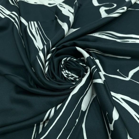 Tecido Cetim de Seda Pura Estampada Traços Abstratos P&B • Conexão