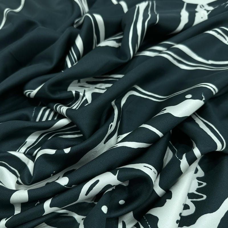 Tecido Cetim de Seda Pura Estampada Traços Abstratos P&B • Conexão