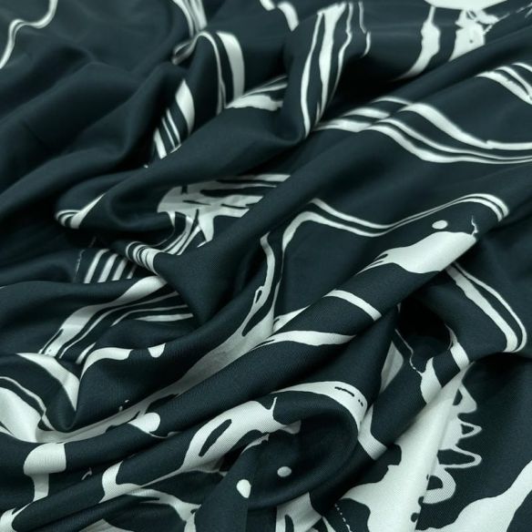 Tecido Cetim de Seda Pura Estampada Traços Abstratos P&B • Conexão