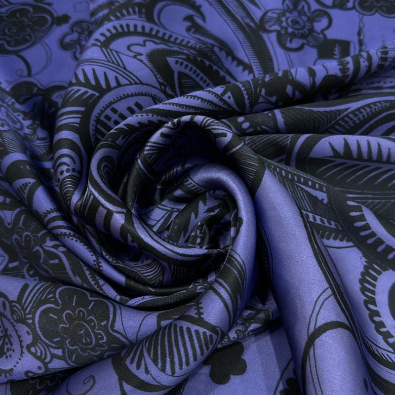Tecido Cetim de Seda Pura Estampada Paisley Roxo Noite • Conexão