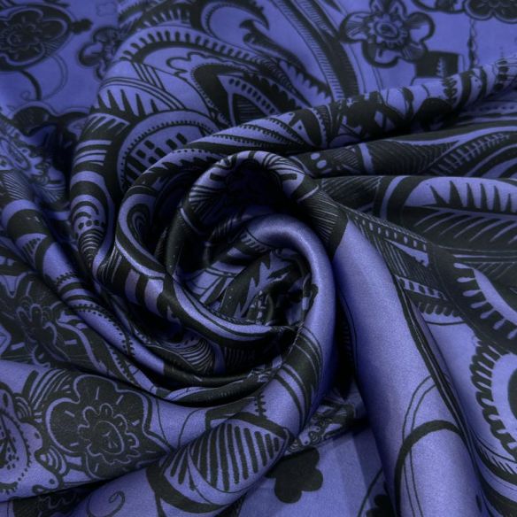 Tecido Cetim de Seda Pura Estampada Paisley Roxo Noite • Conexão