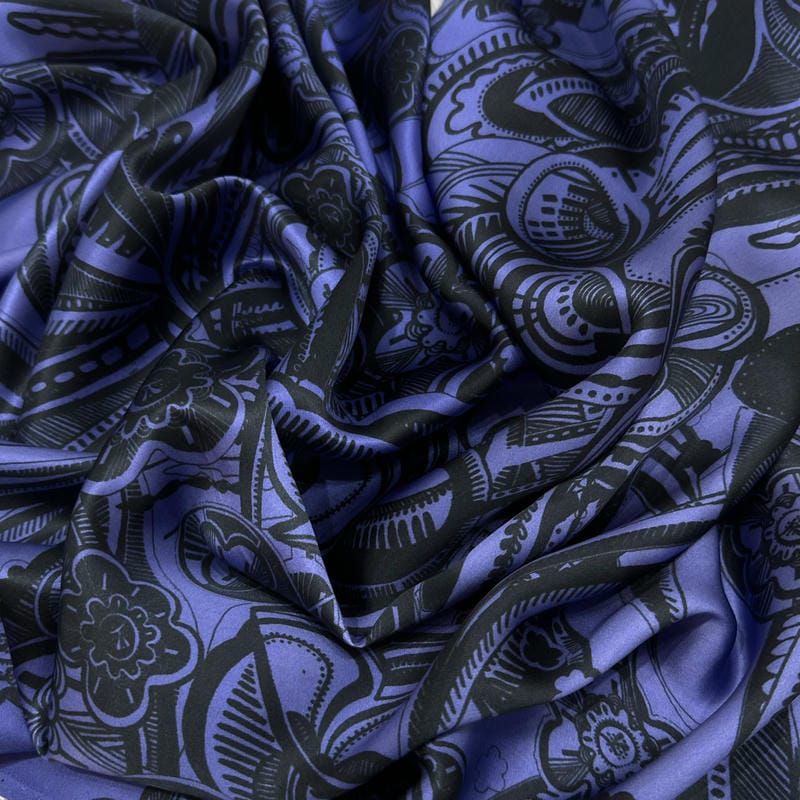 Tecido Cetim de Seda Pura Estampada Paisley Roxo Noite • Conexão