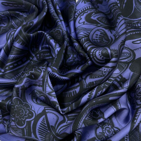 Tecido Cetim de Seda Pura Estampada Paisley Roxo Noite • Conexão