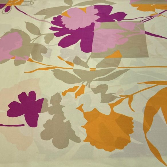 Tecido Cetim de Seda Pura Estampada Floral Abstrato Fúcsia • Conexão