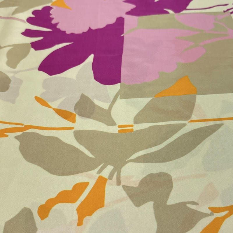 Tecido Cetim de Seda Pura Estampada Floral Abstrato Fúcsia • Conexão