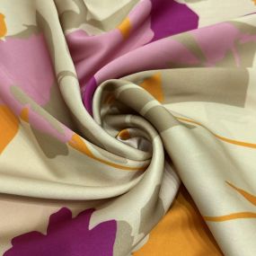 Tecido Cetim de Seda Pura Estampada Floral Abstrato Fúcsia • Conexão