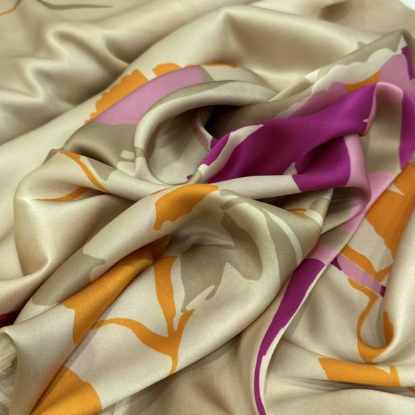Tecido Cetim de Seda Pura Estampada Floral Abstrato Fúcsia • Conexão