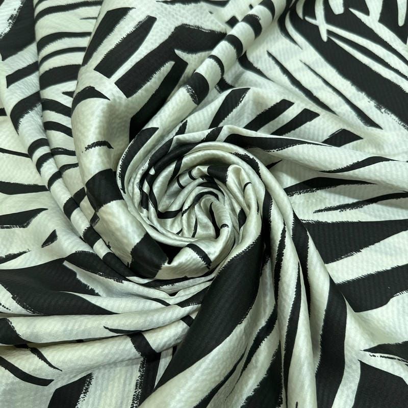 Tecido Cetim de Seda Pura Estampada Folhagem Tropical P&B • Conexão