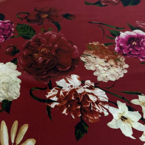 Tecido Cetim de Seda Estampado Floral Botânico Marsala