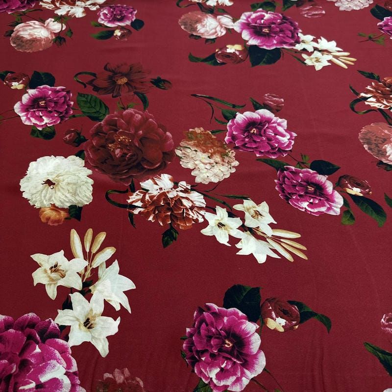 Tecido Cetim de Seda Estampado Floral Botânico Marsala