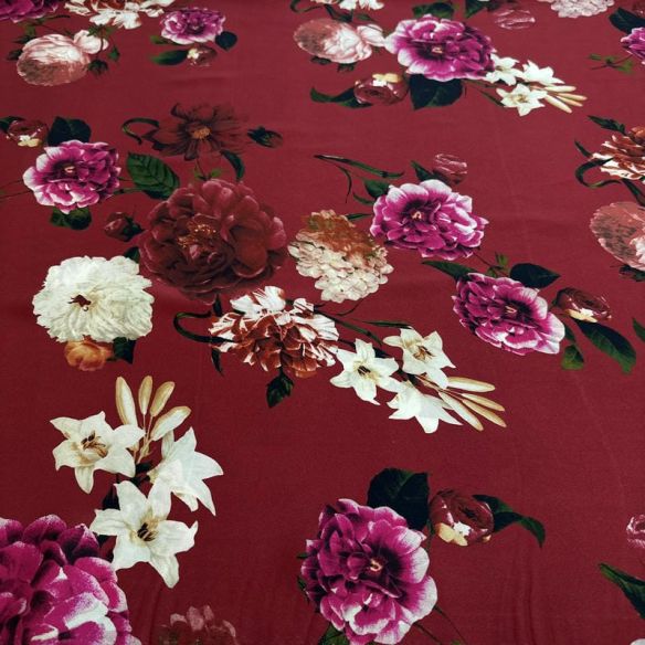 Tecido Cetim de Seda Estampado Floral Botânico Marsala