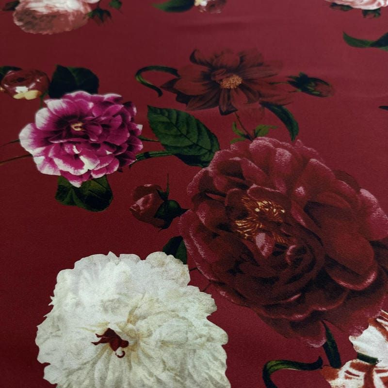 Tecido Cetim de Seda Estampado Floral Botânico Marsala