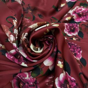Tecido Cetim de Seda Estampado Floral Botânico Marsala