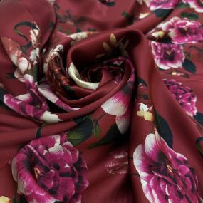 Tecido Cetim de Seda Estampado Floral Botânico Marsala 2