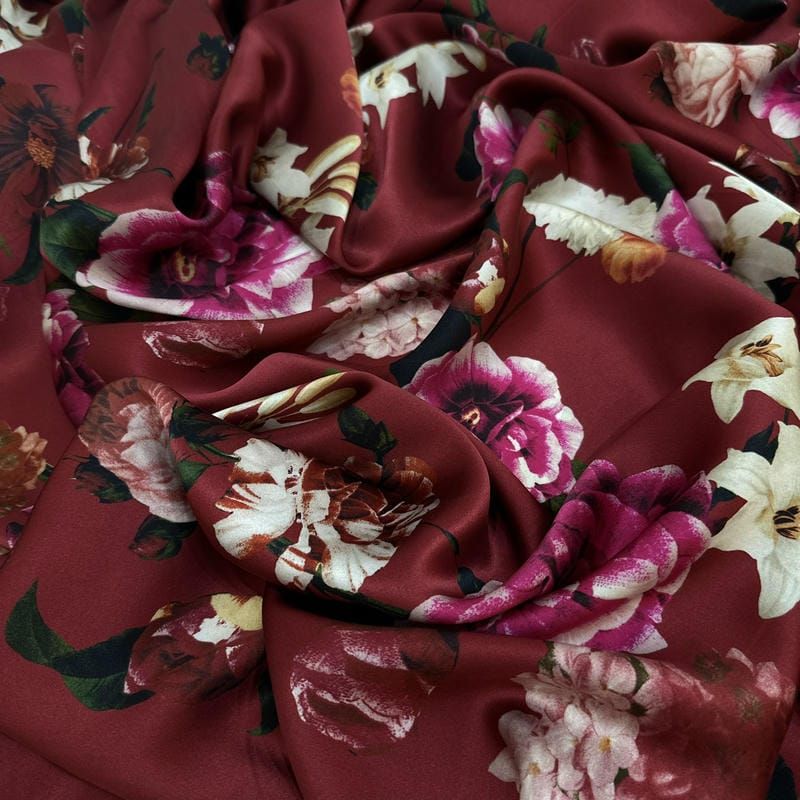 Tecido Cetim de Seda Estampado Floral Botânico Marsala
