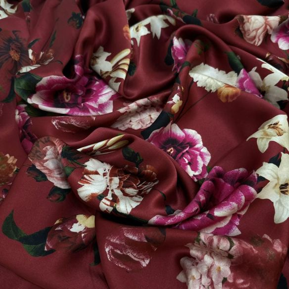 Tecido Cetim de Seda Estampado Floral Botânico Marsala