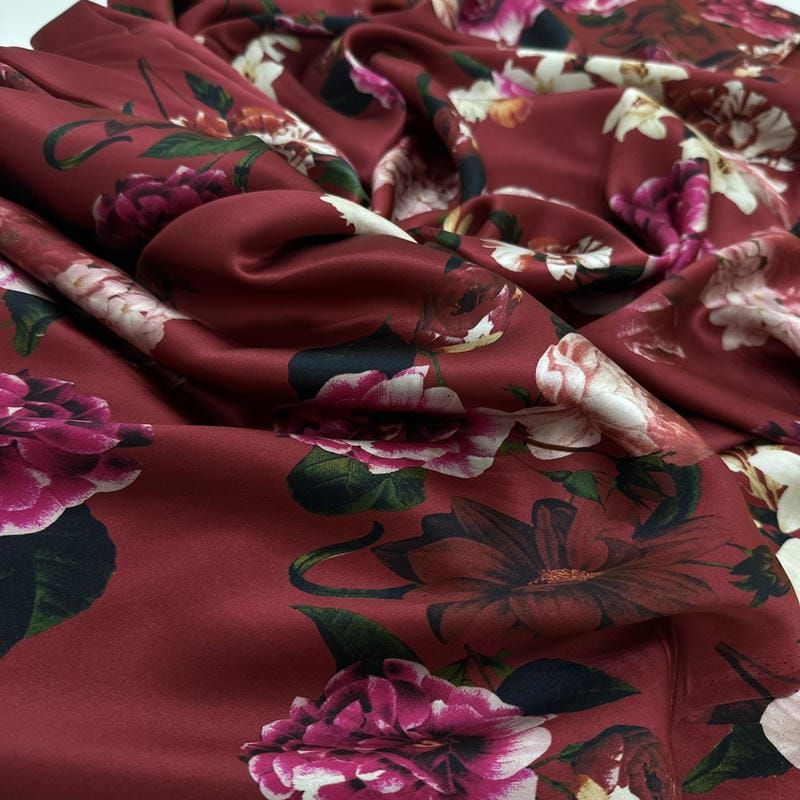 Tecido Cetim de Seda Estampado Floral Botânico Marsala