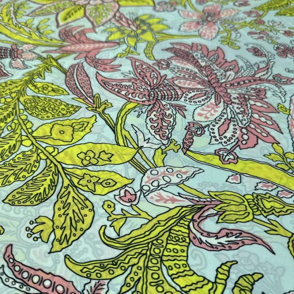 Tecido Cetim de Seda Pura Estampada Floral Indiano • Conexão Tecidos