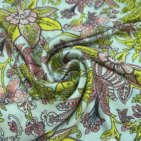 Tecido Cetim de Seda Pura Estampada Floral Indiano • Conexão Tecidos