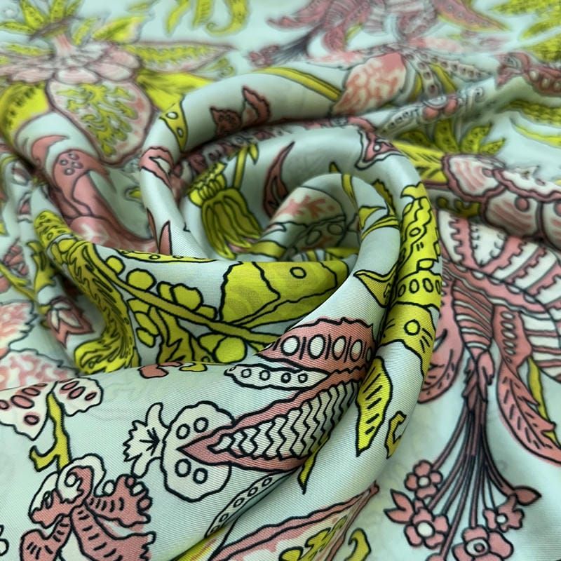 Tecido Cetim de Seda Pura Estampada Floral Indiano • Conexão Tecidos
