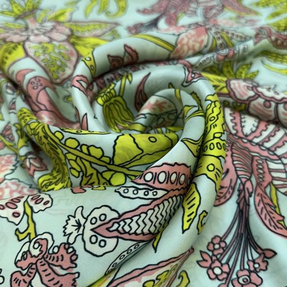 Tecido Cetim de Seda Pura Estampada Floral Indiano • Conexão Tecidos
