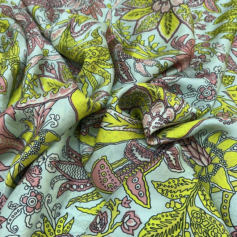 Tecido Cetim de Seda Pura Estampada Floral Indiano • Conexão Tecidos
