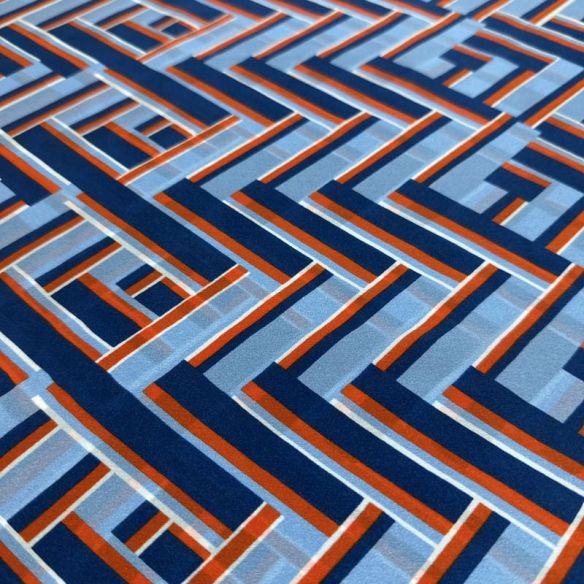 Tecido Cetim de Seda Pura Estampada Labirinto Azul • Conexão Tecidos