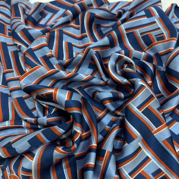 Tecido Cetim de Seda Pura Estampada Labirinto Azul • Conexão Tecidos