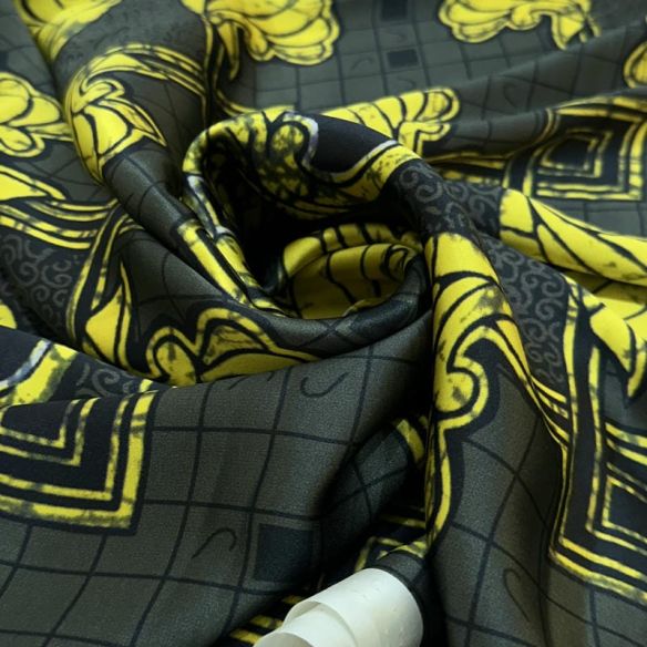 Tecido Cetim de Seda Pura Estampada Greca Barroca • Conexão Tecidos