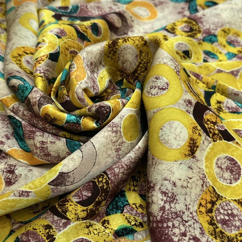 Tecido Cetim de Seda com Elastano Estampado Círculos Abstratos •
