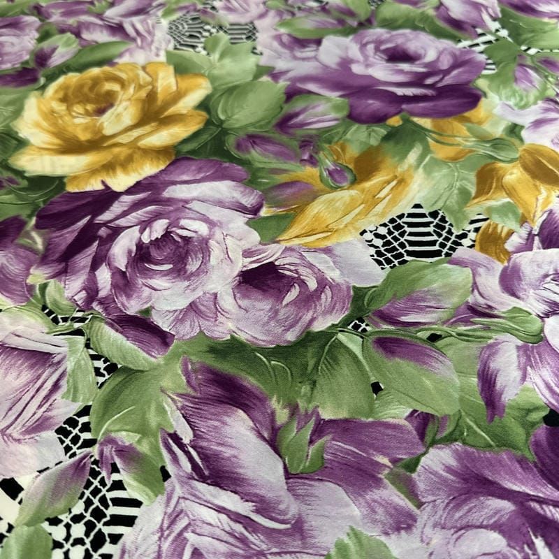 Tecido Cetim de Seda com Elastano Estampado Floral Renda Roxo •