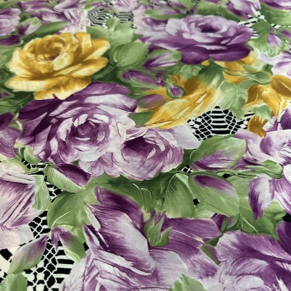 Tecido Cetim de Seda com Elastano Estampado Floral Renda Roxo •