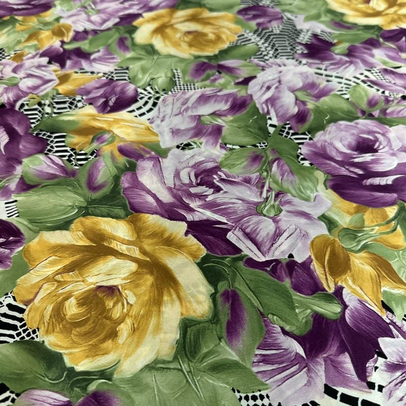 Tecido Cetim de Seda com Elastano Estampado Floral Renda Roxo •